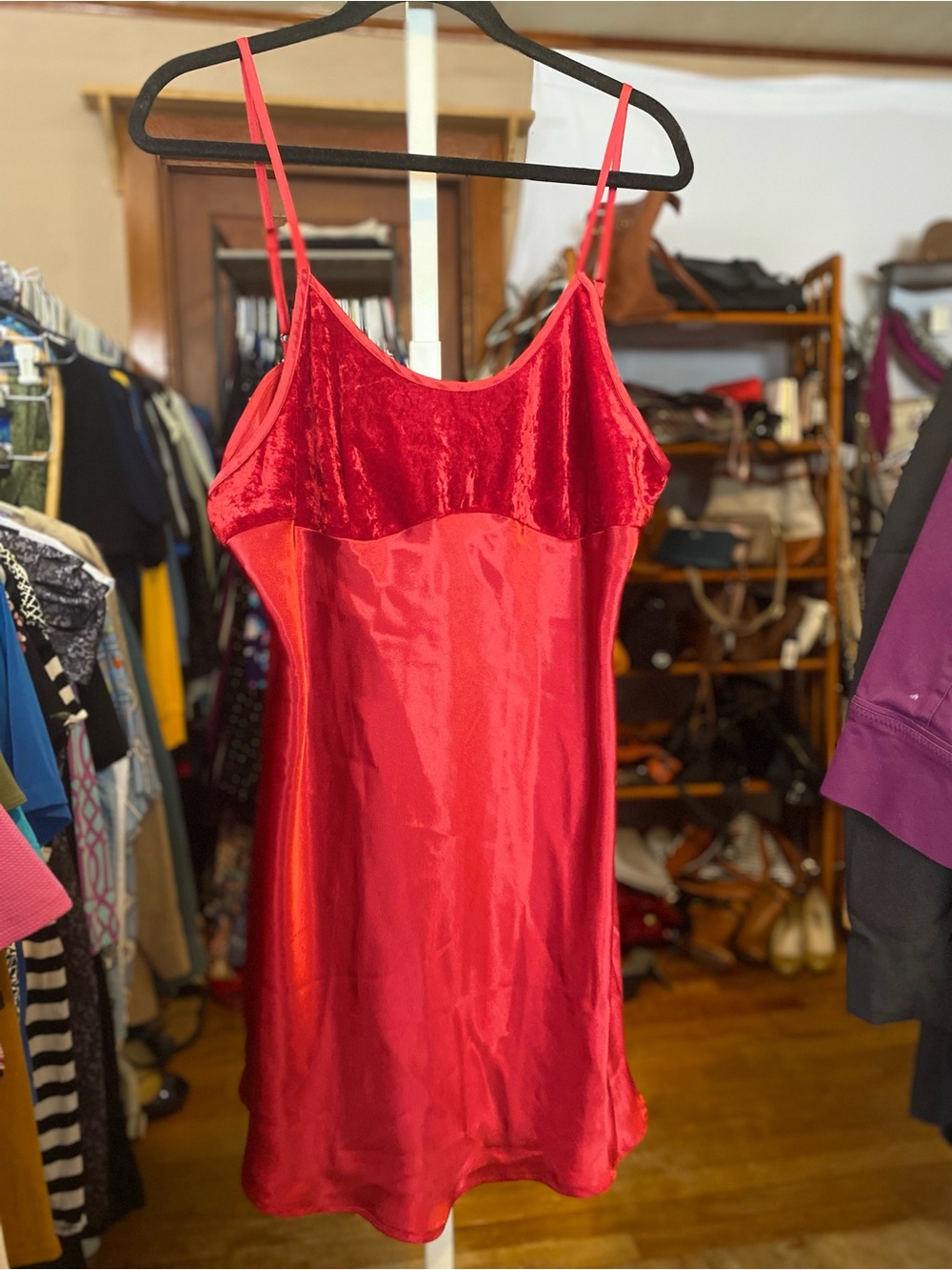 Red Satin and Velvet Slip Chemise with Adjustable Straps